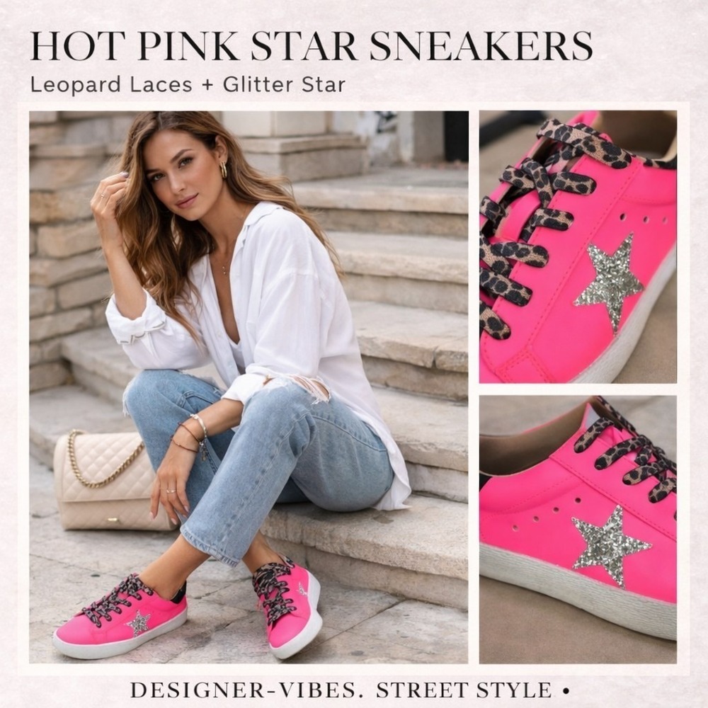Hot Pink Star Sneakers Leopard Laces Glitter Star Retro Low Top Street Style 9